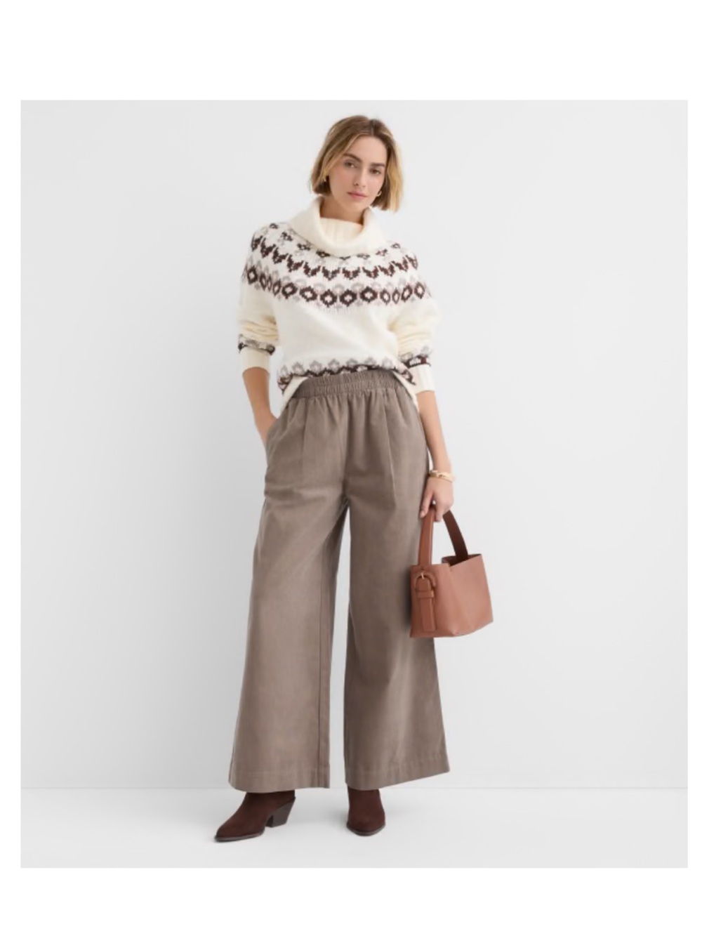 LOFT Women’s Pleated Pull On Wide Leg Pants in Corfu color Stone Brown Medium
